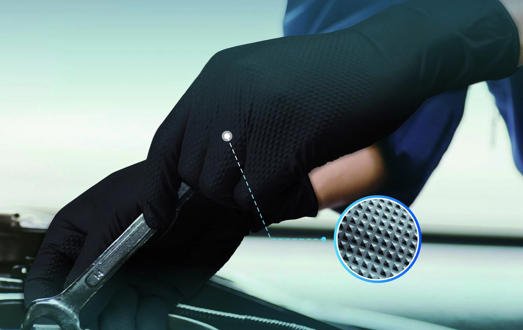 Black diamond-textured gloves holding a wrench; the original catalogue texture inset is retained.